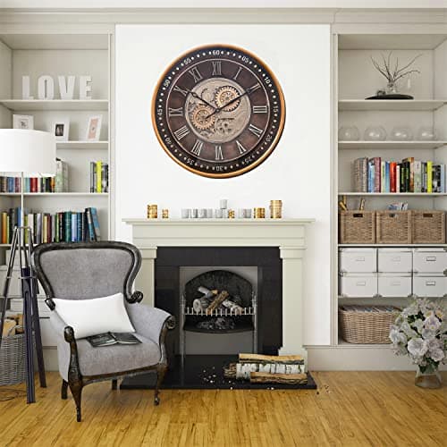 CLXEAST 24 Inch Wall Clock with Moving Gears,Oversized Large Industrial Steampunk Clock, Antique Gold Metal Roman Numeral Wall Clocks for Farmhouse Living Room Decor,Valentines Day Gifts 7