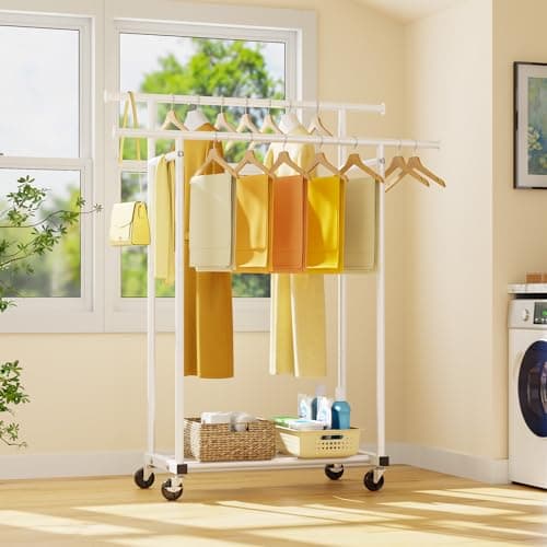 HYSEYY Double Rods Clothes Rack, Rolling Clothing Rack for Hanging Clothes Portable Wardrobe Rack, Metal Garment Rack Sturdy Coat Rack for Bedroom Laundry Living Room, White 9