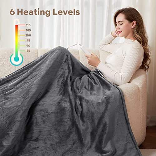 Electric Heated Blanket Queen Size 84" x 90" | 6 Heating Levels & 8h Auto Timer | Full Body Fast Heating and Ultra Soft Flannel, Machine Washable Bed Sofa Home Office Use, Grey 6