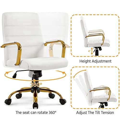 Topeakmart Office Desk Chair Mid-Back Adjustable PU Leather Executive Chair w/Gold Frame White Seat 9