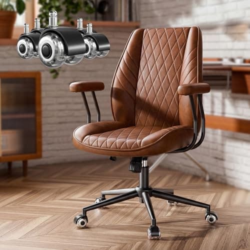 JULYMON Brown Leather Office Desk Chair with Quiet Rubber Wheels, Height Adjustable, Padded Arms, Vintage Mid Century Office Chair, Retro Style Desk Chair