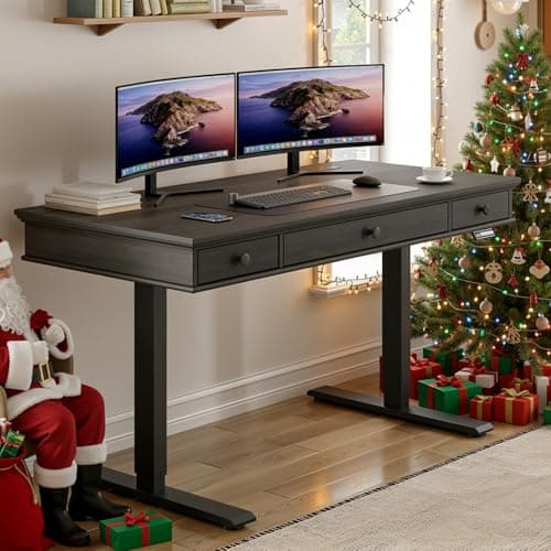 ONBRILL Standing Desk with Drawers, 55 x 23 Inch Electric Height Adjustable Desk with Storage & Outlets, for Computer Workstation, Home Office, Retro Curved Table Corner Design, Black Walnut