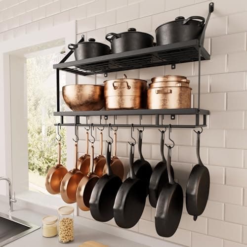 KES 30-Inch Kitchen Pot Rack - Mounted Hanging Rack for Kitchen Storage and Organization - Matte Black 2-Tier Wall Shelf with Guard Rail for Pots and Pans Organizer with 12 Hooks - KUR215S75B-BK