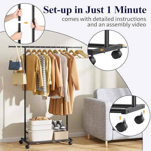 Kitsure Clothes Rack with Wheels - 30.3'' to 47.2'' L Adjustable Clothing Racks for Hanging Clothes, Rolling Garment Rack with Shelf, Sturdy Closet Rack, Clothes Hanger Rack for Pants, Black 5