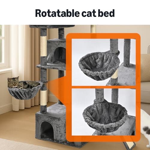 Amazon Basics Large Cat Tree Tower, Multi-Level Activity Center with 2 Large Condos, Multiple Sisal Scratching Posts and Hanging Pompoms, Gray, 68 Inches 6