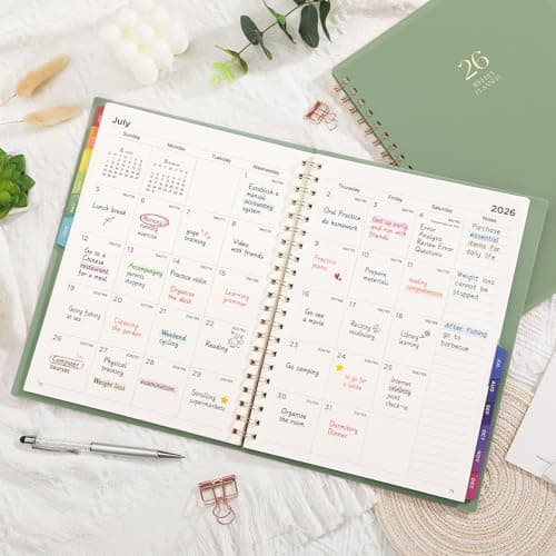 EMSHOI 2026 Planner Weekly and Monthly, Large A4 8.5x11, Jan-Dec 2026 Calendar Agenda with Monthly Tabs, Note Pages, 100GSM Thick Paper, Flexible Cover for Business Work School Academic, Light Green 7
