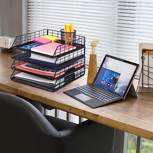 Tunnkit 4 Pack Stackable Letter Tray Paper Organizer, Metal Desk Organizer Tray for Letter/A4 Paper Storage, Suitable for Office, School, Home, Black 7