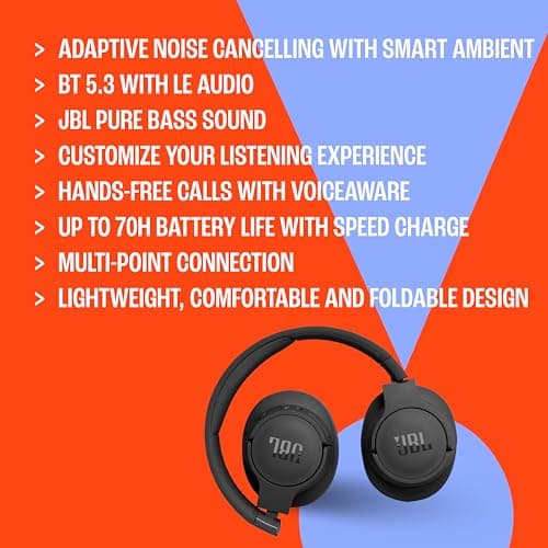 JBL Tune 770NC - Adaptive Noise Cancelling with Smart Ambient Wireless Over-Ear Headphones, Bluetooth 5.3, Up to 70H Battery Life with Speed Charge, Lightweight, Comfortable & Foldable Design (Black) 7