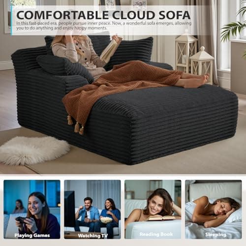 50 Inches Chaise Lounge Indoor, Oversized Chaise Lounge Chair with 3 Throw Pillows and Armrests, Corduroy Upholstered Plush Sofa Bed Lazy Chair Bed Sleeper Chair for Living Room Apartment (Black) 7