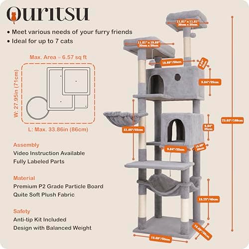 Ouritsu Cat Tree, 73.6 inch Tall Cat Climbing Tower for Large Cat Indoor with 2 Large Condos, 2 Widened Perches, Sisal Covered Scratching Posts, 2 Hammocks, Light Gray, XLF001GA 6