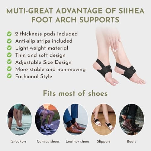 SIIHEA Arch Support Braces Sleeves for Pressure, Plantar Fasciitis Relief, Adjustable Compression Bands for Flat Feet High & Fallen Arch, Non-Slip Foot Wraps with Gel Pad (Cool Black, Adjustable) 5