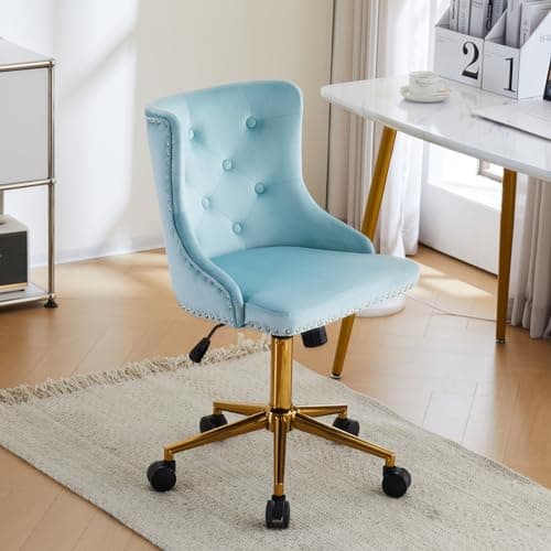 VINGLI Light Blue Armless Home Office Desk Chair with Gold Base/Wheels, Small Cute Vanity/Makeup Chair with Back for Bedroom, Upholstered Adjustable Rolling Swivel Nail Chair for Women/Girls