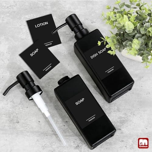 GMISUN Black Soap Dispenser, Hand Soap Dispenser Bathroom, 12oz Glass Soap Dispenser with Stainless Steel Pump, Liquid Dish Soap Dispenser for Kitchen, Modern Bathroom/Kitchen Soap Dispenser Set 6