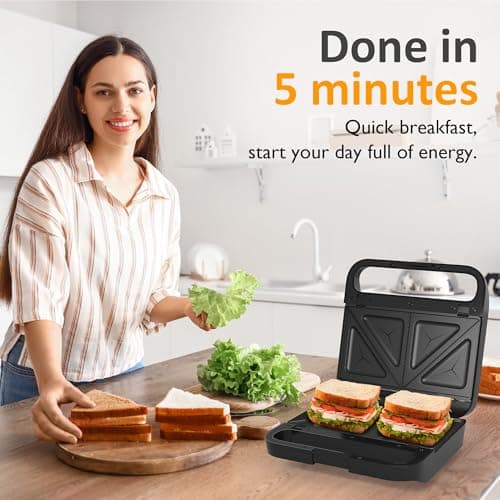 Sunvivi 3 in 1 Sandwich Maker, Electric Waffle Maker with Removable Non-stick Plates, 850W Panini Press Grill with Glass Top, Cool Touch Handle & Easy to Clean 4