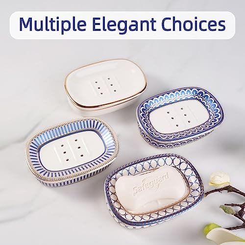 Self Draining Soap Dish, Double-Layer Bar Soap Tray, White Ceramic Soap Dish with Elegant Patterns (Style B) 6