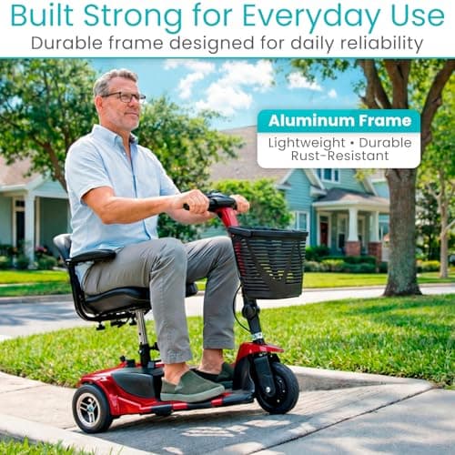 Vive 3 Wheel Mobility Scooter - Electric Powered Mobile Wheelchair Device for Adults - Folding, Collapsible and Compact for Travel - Long Range Power Extended Battery with Charger and Basket Included 8