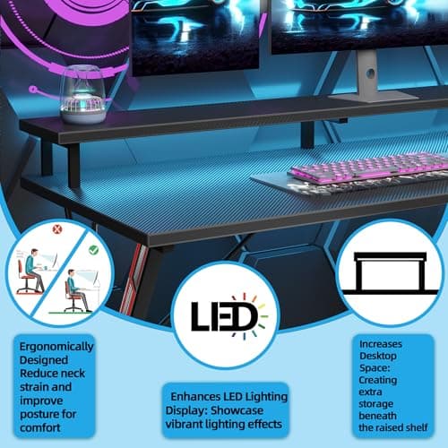 TIQLAB Gaming Desk with Power Outlets & LED 40 Inch Ergonomic Computer Carbon Fiber Surface Gamer Desk, Large Monitor Stand, Headphone Hook, PC Workstation for Bedroom, Black 5