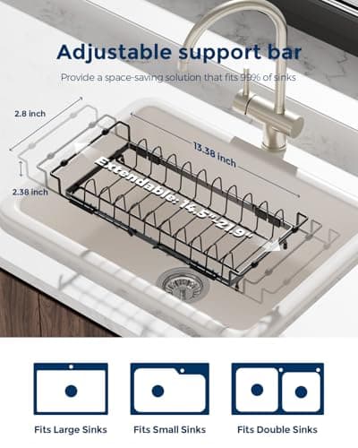 Nacial 2-in-1 Small Dish Drying Rack Fits 14''–21.8'' Sink, Dish Drainers for Kitchen Counter Extend Kitchen Sink Drain Basket with Utensil Holder & Auto-Drain Tray, Stainless Steel Plate Rack, Black 3