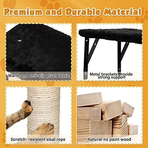 COZIVVOVV 5 Pcs Wall-Mounted Climber Set, Wood Indoor with Shelves and Perches, Ladder, Condo House, Scratching Board and Tree, Wall Shelves Furniture for Cats (Black) 5