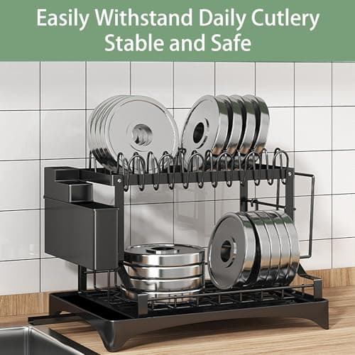 BOOLKER Dish Drying Rack, 2 Tier Dish Racks for Kitchen Counter, Detachable Dish Drainer Organizer with Utensil Holder, Drying Rack with Drain Board, Black, A Mat for Cutting Board 7