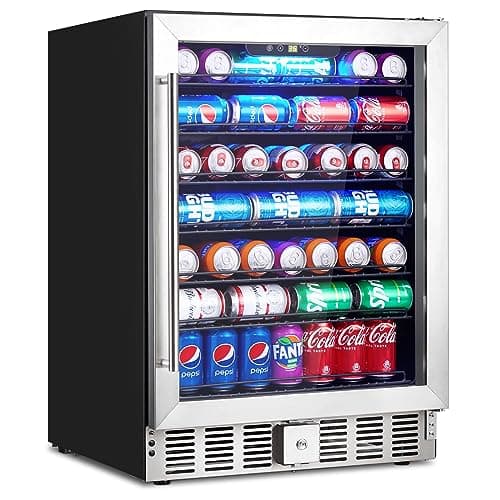 Garvee 24-inch Beverage Refrigerator, 166 Can Beverage Fridge Built-in Glass Door, and Freestanding Beverage Cooler Digital Temperature Control 36°-60°F Soda Beer Fridge for Kitchen, Bar, or Office.