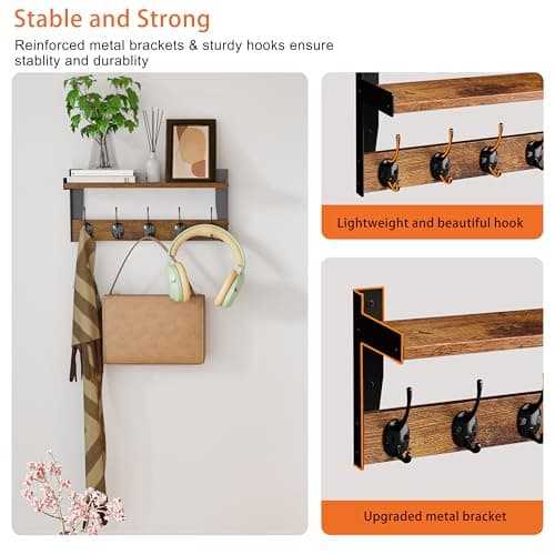 FNBAR Wall Hooks with Shelf, Wood Coat Rack with Shelf Wall-Mounted, Entryway Hanging Shelves with 5 Metal Hooks for Clothes Hats Towel Purse Robes, Bathroom Mudroom Bedroom, Rustic Brown 5