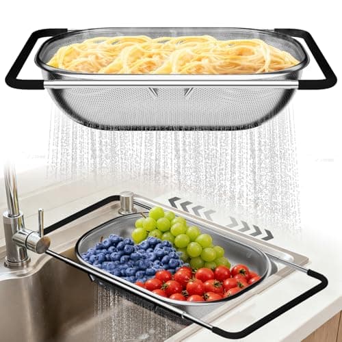 Over the Sink Colander - Strainers and Colanders - Sink Strainer Basket - Expandable Fine Mesh Strainer with Rubber Grip for Veggie, Fruits, Pasta, Home Kitchen Essentials (9.5W x 13.4-21.3L x 3.3H)