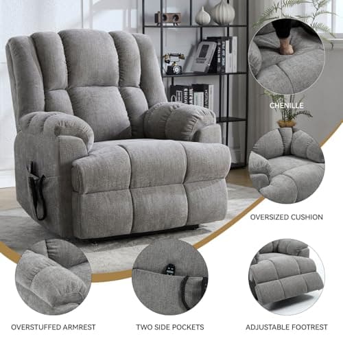 Sicilyforny Power Lift Recliner for Elderly, Dual Motor Heat Massage Electric Chair with Remote, 350lb Capacity (Chenille,Light Grey) 9