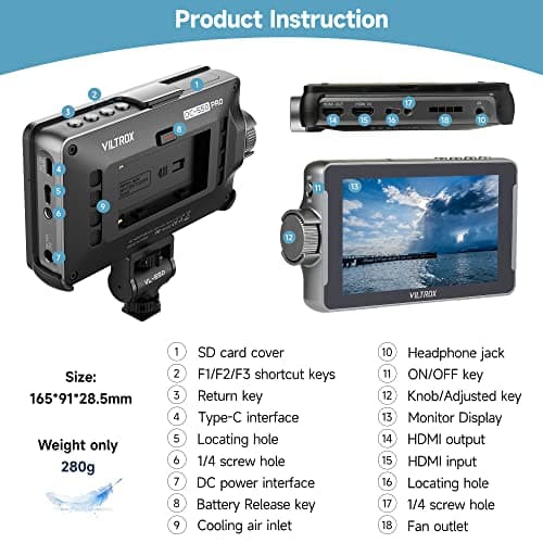 VILTROX DC-550 Pro 5.5 inch Camera Field Monitor, 4K HDMI Touchscreen DSLR Camera Monitor with Battery Sunshade Hood, 1200 Nits 3D Lut 1920X1080 HD Focus Peaking Assist On Camera Video Monitor 6
