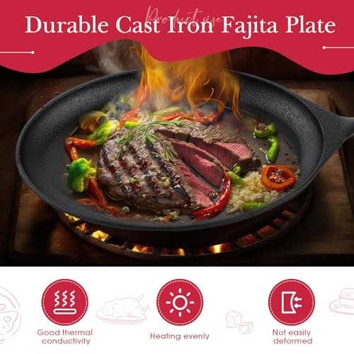 Lallisa 6 Set Cast Iron Fajita Plate Sizzle Pan Pre Seasoned Cast Iron Skillet with Anti Scald Protection Hot Mitt Evenly Heated Flat Sizzle Plates for Kitchen Party Restaurant Service 5