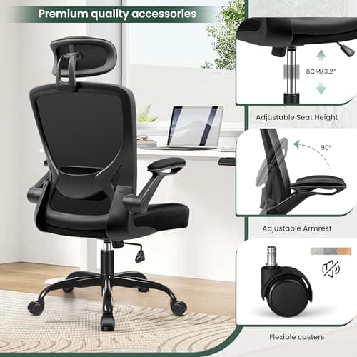 KERDOM Ergonomic Office Chair, Breathable Mesh Desk Chair with Headrest and Flip-up Arms for Office,Gaming,Computer Lumbar Support Swivel Task Chair, Adjustable Height,Black 6