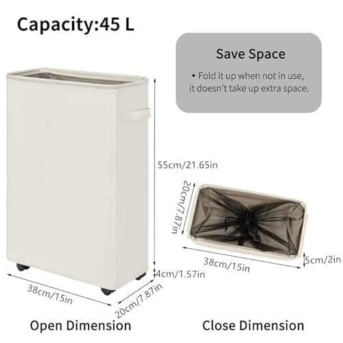 Chrislley 45L Slim Laundry Hamper with Wheels Narrow Rolling Laundry Basket Foldable Dirty Clothes Portable Skinny Hamper Organizer Storage Bins (23.2 inches, Beige 1) 6