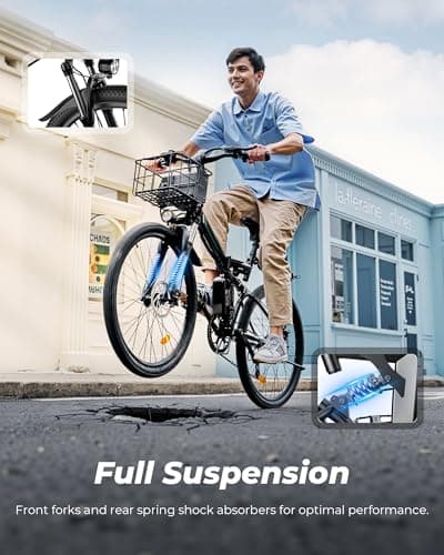 Flydone Urban/Folding Electric Bike for Adults 36V 13Ah Peak 1000W 26" with Basket Dual USB Charging Ports Full Suspension 7 Speed Gearshift Ebike 20mph Foldable Electric Mountain Bike 5