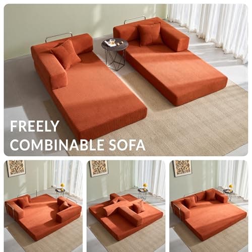 MOEYURO Compression Sofa - 78''Convertible Floor Sofa Bed - with Pillow Back Support Armrest - Comfy Foldable Sofa Bed Compressed Sofa in Box - Corduroy Fabric - for Living Room Bedroom(Orange) 6
