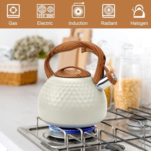 GGC Tea Kettle for Stove Top, Loud Whistling Kettle for Boiling Water Coffee or Milk, 3.1 Quart 3L Heavy Stainless Steel White Kettles with Wood Pattern Handle, Unique Button Control Kettle Outle 6