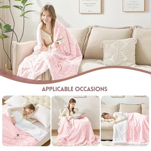 MAXEVE Heated Blanket Electric Throw 50"x60" Faux Rabbit Fur Blankets with 6 Heating Sets & 12 Hours Auto Off, Warm Gifts for Grandma Wife, ETL Certification 6