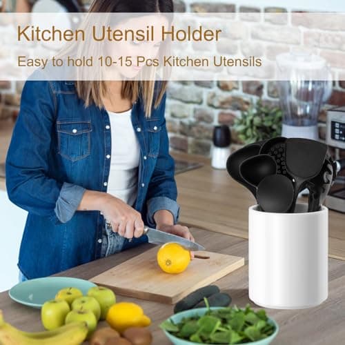 Allybyme Utensil Holder Kitchen Utensil Holder for Countertop, Ceramic Cooking Utensil Holder for Kitchen Counter, Large Modern Spatula Holder Utensil Organizer Kitchen Decor, 6.5”H x 5.5”D White 6