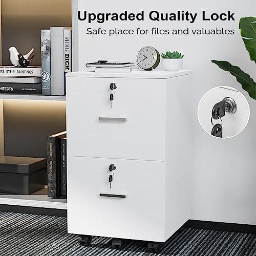 VINGLI 2 Drawer File Cabinet with Lock, Wood Grain White File Cabinets for Letter Size File Folders with Tabs, Mobile Under Desk Filing Cabinets for Home Office, Rolling Filing Cabinet Printer Stand 6