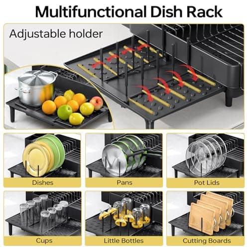 Urackify Dish Drying Rack for Kitchen Counter, 304 Stainless Steel Dish Rack, Expandable Dish Drainer, Foldable Dish Strainer with Cutlery Holder, Kitchen Plate Rack (Black, Large Size) 5