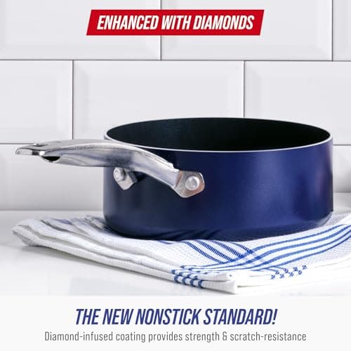Blue Diamond Nonstick 2QT Saucepan with Lid, Non Toxic PFAS-Free Diamond Ceramic, Dishwasher & Oven Safe, Metal Utensil Safe Pot, Stay Cool Handle, Chef Pan, Glass Lid, Blue 2