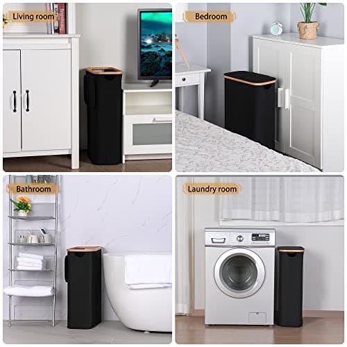 iEGrow 60L Slim Laundry Hamper with Lid,Black Hampers for Laundry,Narrow Laundry Basket with Removable Inner Bag & Bamboo Handles,Tall Thin Clothes Hamper for Clothes Toys Towels Organization 5