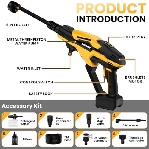 Cordless Pressure Washer for Dewalt 18/20V Battery, 800 PSI Portable Handheld Power Washer with Brushless Motor, 6-in-1 Nozzle, 3 Level Adjustable for Car Yard Fence Wall Clean (Battery Not Included) 8