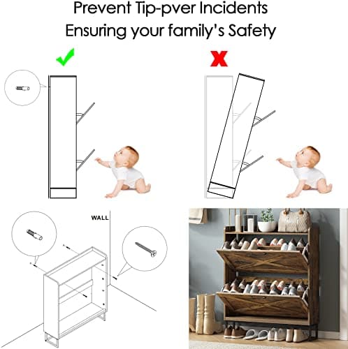 Maupvit Shoe Storage Cabinet with 2 Flip Drawers, Freestanding Shoe Organizer with Metal Legs for Entryway, Narrow Shoe Rack Cabinet, Rustic Brown 7