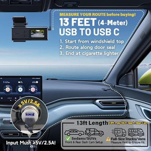 EWAY USB C Dash Cam Power Cord (13FT/4M), 90 Degree USB-A 2.0 to Type-C Cable REQUIRES 2.5A Input - USBC Replacement Power Supply for Front Rear View Mirror Dashcam Dashboard Recorder Recording Camera 5