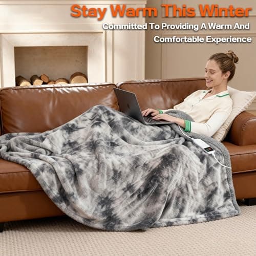 Cushious Electric Heated Blanket Throw 50''x60''Size Faux Fur Heating Blanket 10 Heating Settings, 1-8h Timer & Overheat Protection, Machine Washable, Soft Flannel and Sherpa Full Body Warmth 8