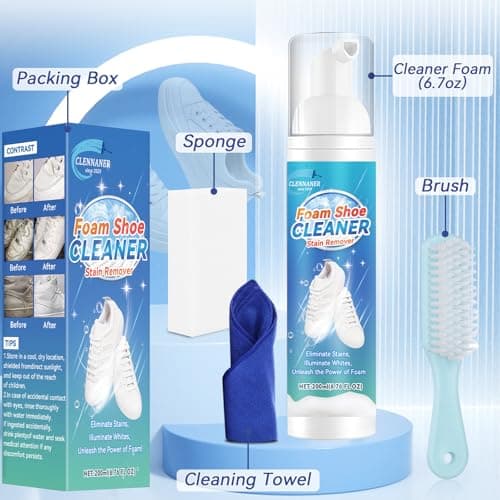 Clennaner White Shoe Cleaner, 6.76 Oz Shoe Cleaner Kit with Brush and Towel, Sneaker Cleaner Work on Leather, Knit, Canvas, Suede, PU (LARGE) 6
