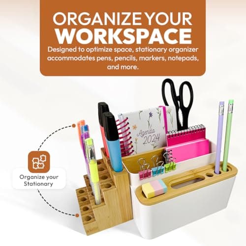 MAXIACCESS Desk Organizer - Polystyrene and Bamboo Desk Organizer with 5 Compartments - Multipurpose Desktop Stationary Organizer for Desk/Office/Art Supplies for Home/Office – White Desktop box 7