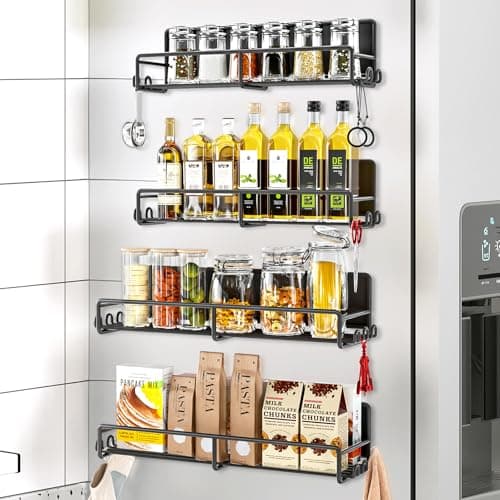SUNALLY Magnetic Spice Rack for Refrigerator, 4 Pack Magnetic Fridge Shelf with Hooks, Spice Organizer Shelf for Kitchen Organization and Storage, Seasoning Organizer Gadgets for Metal Surface