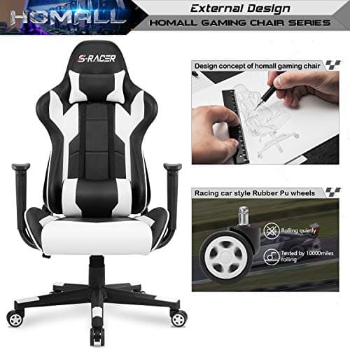 Homall Gaming Chair, Office Chair High Back Computer Chair Leather Desk Chair Racing Executive Ergonomic Adjustable Swivel Task Chair with Headrest and Lumbar Support (White) 5