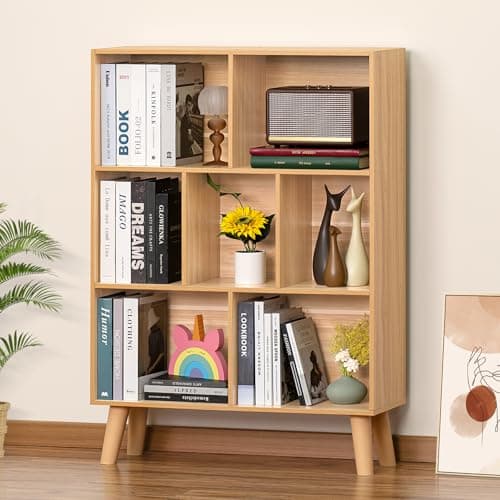 LEYAOYAO Wooden 7 Cube Book Shelf, Natural 3 Tier Bookshelf with Legs, Modern Open Storage Organizer,Boho Bookcase,Display Cabinet Shelf Free Standing Bookshelves for Bedroom,Living Room,Office
